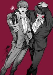 Rule 34 | 2boys, absurdres, alcohol, arm around neck, between fingers, blazer, blush stickers, bottle, bowler hat, buttons, character request, chinese commentary, chino1048, cigarette, collared jacket, collared shirt, commentary request, cowboy shot, empty eyes, fingernails, formal, greyscale with colored background, grin, hair between eyes, half-closed eyes, hand on another&#039;s shoulder, hand on headwear, hat, highres, holding, holding bottle, holding cigarette, jacket, lapels, laughing, layered sleeves, long sleeves, looking at viewer, mob psycho 100, multiple boys, notched lapels, one eye covered, pants, pectoral cleavage, pectorals, pink background, reigen arataka, shirt, short hair, simple background, smile, smoke, smoking, spilling, spot color, suit, wine, wine bottle