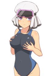 Rule 34 | 1girl, black hair, blush, breast hold, breasts, closed mouth, dark-skinned female, dark skin, eyes visible through hair, eyewear on head, glasses, grabbing, grabbing own breast, highres, inazuma eleven (game), inazuma eleven (series), inazuma eleven go, multicolored hair, navel, one-piece swimsuit, purple eyes, shiny clothes, short hair, solo, standing, sweat, sweatdrop, swimsuit, white background, white hair