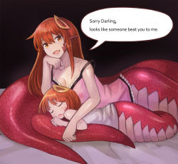 Rule 34 | 2girls, :d, breasts, camisole, closed eyes, collarbone, commentary, commission, english commentary, english text, fang, hair between eyes, hair ornament, hairclip, highres, lamia, large breasts, long hair, looking at viewer, lying, miia (monster musume), mika (miiafag), monster girl, monster musume no iru nichijou, mother and daughter, multiple girls, nipples, open mouth, original, pointy ears, red hair, scales, see-through, sleeping, smile, sookmo, speech bubble, tail, yellow eyes