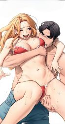 Rule 34 | 1boy, 1girl, bikini, black eyes, black hair, blonde hair, blue shorts, blush, closed eyes, highres, husband and wife, hyun soo, long hair, looking at another, no shirt, one eye closed, open mouth, red bikini, shorts, silent war, simple background, smile, sophie min, swimsuit, very long hair, white background