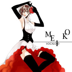 Rule 34 | 1girl, armpits, bad id, bad pixiv id, black gloves, breasts, brown eyes, brown hair, dancing, dress, flower, frills, gathers, gloves, haruma (high drop), large breasts, lips, meiko (vocaloid), red flower, red rose, red theme, rose, short hair, sideboob, simple background, solo, thighhighs, vocaloid