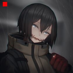 Rule 34 | 1girl, absurdres, black hair, blue eyes, glasgow smile, gloves, highres, jacket, looking at viewer, mihato senba, original, scar, short hair, solo, stitched mouth, stitches, tears, upper body