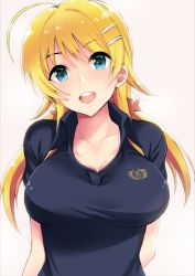 Rule 34 | 1girl, ahoge, blonde hair, blue eyes, blue shirt, blush, breasts, hachimiya meguru, hair ornament, hairclip, idolmaster, idolmaster shiny colors, large breasts, long hair, looking at viewer, low twintails, open mouth, polo shirt, shiroyukimajima, shirt, simple background, smile, solo, twintails, white background