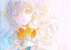 Rule 34 | 1girl, blue eyes, check copyright, commentary request, copyright request, dot nose, dress, expressionless, eyelashes, flower, hair spread out, heterochromia, highres, holding, holding flower, irodori warabi, long sleeves, looking at viewer, lying, on back, open mouth, orange eyes, orange flower, original, ringed eyes, shade, solo, tulip, twitter username, upper body, white background, white dress, white hair