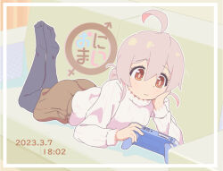 Rule 34 | 1girl, ahoge, black pantyhose, commentary, copyright name, couch, dated, feet up, framed, full body, grey hair, haihara yuuya, hair between eyes, handheld game console, head rest, holding, holding handheld game console, indoors, long hair, long sleeves, lying, male-female symbol, no shoes, on stomach, onii-chan wa oshimai!, outline, oyama mahiro, pantyhose, pink hair, shirt, solo, timestamp, white outline, white shirt