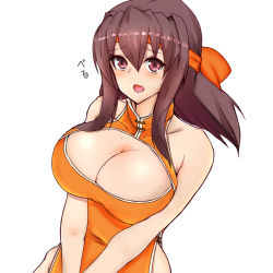 Rule 34 | 1girl, bare shoulders, berumina, blush, breast cutout, breasts, brown hair, china dress, chinese clothes, cleavage, clothing cutout, dress, girls und panzer, headband, kondou taeko, large breasts, looking at viewer, medium hair, open mouth, red eyes, solo, white background