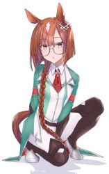 Rule 34 | 1girl, absurdres, animal ears, black footwear, blunt ends, boots, bracer, brown hair, closed mouth, coat, coattails, commentary request, dress shirt, ear ornament, full body, glasses, green coat, highres, horse ears, horse girl, horse tail, ikuno dictus (umamusume), kneeling, light frown, long hair, long sleeves, looking at viewer, necktie, pants, red necktie, rimless eyewear, round eyewear, shirt, simple background, solo, tail, thigh boots, umamusume, vest, white background, white pants, white shirt, white vest, wing collar, yu sakae