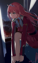 Rule 34 | 10s, 1girl, american flag bikini, backlighting, bikini, breasts, closed mouth, clothes pull, darling in the franxx, dated, flag print, green eyes, headband, highres, horns, indoors, jewelry, long hair, long sleeves, looking away, medium breasts, necklace, night, night sky, pantyhose, pink hair, rabbit (tukenitian), shaded face, sitting, sky, solo, swimsuit, zero two (darling in the franxx)