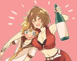 Rule 34 | +++, 1boy, 1girl, @ @, akiyoshi (tama-pete), alcohol, armpits, bare arms, bare shoulders, belt, blonde hair, blue eyes, blush, bottle, breasts, brown hair, cleavage, drunk, embarrassed, fingernails, frown, happy, hug, hug from behind, kagamine len, large breasts, meiko (vocaloid), nail polish, navel, necktie, nervous, open mouth, pink background, red nails, sailor collar, shirt, short hair, simple background, skirt, smile, sweatdrop, tank top, vocaloid, white shirt