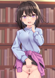 Rule 34 | 1girl, :d, absurdres, ao (flowerclasse), black hair, black skirt, blue sweater, book, bookshelf, breasts, clothes around waist, commission, female pubic hair, finger to mouth, groin, hair between eyes, hand up, highres, indoors, lifting own clothes, long hair, long sleeves, looking at viewer, medium breasts, no panties, open mouth, original, pixiv commission, pubic hair, puffy long sleeves, puffy sleeves, purple eyes, pussy, skirt, smile, solo, sweater, teeth, upper teeth only