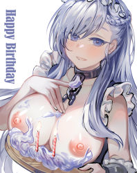 Rule 34 | 1girl, azur lane, bad id, bad pixiv id, belfast (azur lane), blue eyes, blush, braid, breast rest, breasts, breasts on tray, candle, carried breast rest, carrying, chain, collar, english text, fire, hand on own chest, happy birthday, highres, icing, large breasts, long hair, looking at viewer, maid, maid headdress, nipples, open mouth, silver hair, simple background, solo, straight hair, suru (ksoo420), swept bangs, topless, tray, upper body, white background, wrist cuffs