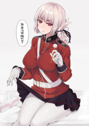 Rule 34 | 1girl, bad id, bad pixiv id, belt, between breasts, black ribbon, braid, breasts, expressionless, fate/grand order, fate (series), florence nightingale (fate), gloves, hair ribbon, itou life, jitome, large breasts, long sleeves, looking at viewer, military, military uniform, mimikaki, pantyhose, parted lips, pleated skirt, purple eyes, ribbon, sidelocks, silver hair, skirt, solo, speech bubble, strap between breasts, thighs, tissue box, uniform, white gloves, white pantyhose