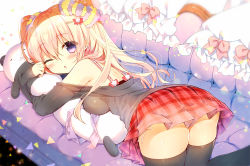 Rule 34 | 1girl, ass, bad id, bad pixiv id, black thighhighs, blonde hair, blush, bow, couch, dakimakura (object), hair between eyes, hair bow, hair ornament, hairclip, long hair, long sleeves, looking at viewer, looking back, lying, hugging object, off shoulder, on couch, on stomach, one eye closed, original, parted lips, pillow, pillow hug, plaid, plaid skirt, pleated skirt, purple eyes, red skirt, skirt, solo, spaghetti strap, thighhighs, thighs, two side up, yadapot