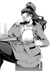 Rule 34 | 1girl, blush, breasts, breasts out, earrings, executive mishiro, flashing, formal, greyscale, huge breasts, idolmaster, idolmaster cinderella girls, jewelry, large areolae, long hair, mature female, mifune seijirou, monochrome, necklace, nipples, one breast out, oppai challenge, pantyhose, parted lips, ponytail, puffy nipples, simple background, single earring, sitting, skirt, skirt suit, smile, solo, suit, white background
