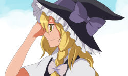 Rule 34 | 1girl, anime coloring, arms up, bad id, bad pixiv id, blonde hair, bow, brown eyes, female focus, from side, hair bow, harano, hat, kirisame marisa, profile, puffy short sleeves, puffy sleeves, short sleeves, smile, solo, touhou, upper body, witch, witch hat, yellow eyes