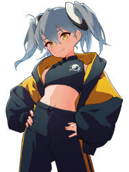 Rule 34 | 1girl, black pants, chinese clothes, commentary request, contrapposto, cropped shirt, fang, grey hair, hands on own hips, highres, leedoppo, midriff, navel, off shoulder, original, pants, puffy sleeves, quad tails, ruru (leedoppo), shirt, skin fang, sleeveless, sleeveless shirt, sleeves past wrists, smile, solo, striped clothes, striped pants, track pants, two-sided fabric, yellow eyes, yin yang, yin yang hair ornament