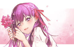 Rule 34 | 1girl, :d, absurdres, blush, fate/stay night, fate (series), flower, hair between eyes, hair ribbon, highres, holding, holding flower, long hair, looking at viewer, matou sakura, open mouth, petals, pink flower, portrait, purple eyes, purple hair, red ribbon, ribbon, shigure (shigure 43), shirt, smile, solo, tears, white shirt