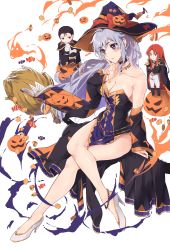 Rule 34 | 1girl, 2boys, absurdres, alternate costume, armpit crease, black choker, black hair, book, braid, breasts, broom, chibi, choker, commission, commissioner upload, fire emblem, fire emblem: genealogy of the holy war, fire emblem: thracia 776, fire emblem heroes, halloween, halloween costume, hat, high heels, highres, ishtar (fire emblem), julius (fire emblem), large breasts, legs, long hair, multiple boys, nintendo, non-web source, open mouth, pelvic curtain, pumpkin, purple eyes, purple hair, reading, red hair, reinhardt (fire emblem), sideboob, single braid, skeb commission, thighs, witch, witch hat, yuuri (orz commushows)