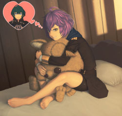 Rule 34 | 1boy, 1girl, barefoot, bed, bernadetta von varley, blue eyes, byleth (fire emblem), byleth (male) (fire emblem), commentary request, feet, fire emblem, fire emblem: three houses, garreg mach monastery uniform, green eyes, green hair, hood, hood down, legs, looking at viewer, messy hair, mixed-language commentary, nintendo, hugging object, pillow, purple hair, rimviolet, short hair, shorts, shorts under skirt, sitting, smile, soles, solo focus, stuffed animal, stuffed toy, teddy bear, thought bubble, toes