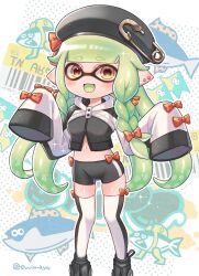 Rule 34 | 1girl, :d, beret, bike shorts, black footwear, black hat, black thighhighs, bow, braid, commentary request, crop top, ear piercing, full body, gold trim, green hair, hat, highres, inkling, inkling girl, inkling player character, long hair, midriff, navel, nintendo, open mouth, outstretched arms, piercing, pointy ears, red bow, shina shina, shoes, sleeves past fingers, sleeves past wrists, smile, solo, splatoon (series), splatoon 3, sticker, tentacle hair, thighhighs, twitter username, two-tone thighhighs, white background, white thighhighs, yellow eyes, zombie pose