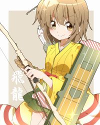 Rule 34 | 10s, 1girl, archery, arrow (projectile), bad id, bad pixiv id, blush, bow (weapon), breasts, brown eyes, brown hair, flight deck, gloves, highres, hiryuu (kancolle), japanese clothes, kantai collection, kyapinetzu, kyuudou, long sleeves, partially fingerless gloves, partly fingerless gloves, personification, quiver, ribbon, short hair, side ponytail, skirt, small breasts, smile, solo, twintails, weapon, wide sleeves, yugake