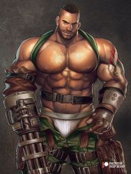 Rule 34 | 1boy, abs, alt text, amputee, arm hair, artist name, bara, barret wallace, beard, belt, biceps, black hair, chenyanyan, chest hair, dark-skinned male, dark skin, facial hair, final fantasy, final fantasy vii, gaunt, gun, hairy, large pectorals, logo, machine gun, male focus, male underwear, mature male, muscular, muscular male, navel, navel hair, nipples, paid reward available, pants, pectoral cleavage, pectorals, scar, smile, solo, square enix, tattoo, thick thighs, thighs, undercut, underwear, veins, veiny arms, weapon