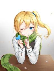 Rule 34 | 1girl, ;), bad id, bad pixiv id, blonde hair, blue eyes, blue scrunchie, blush, cherry blossoms, closed mouth, commentary request, elbows on table, finger to mouth, gradient background, green scarf, grey background, hair between eyes, hair ornament, hair scrunchie, hayasaka ai, heart, highres, holding, holding heart, kaguya-sama wa kokurasetai ~tensai-tachi no renai zunousen~, long sleeves, looking at viewer, luzzi (milllim), one eye closed, petals, scarf, scrunchie, shirt, side ponytail, simple background, sitting, smile, solo, table, two-tone background, upper body, white background, white shirt, wind
