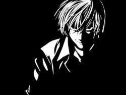 Rule 34 | 00s, 1boy, dark, death note, evil grin, evil smile, greyscale, grin, high contrast, highres, l (death note), male focus, monochrome, smile, solo, wallpaper, yagami light