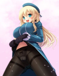 Rule 34 | 10s, 1girl, atago (kancolle), blonde hair, blue eyes, breasts, clothes lift, female focus, gloves, hat, kantai collection, large breasts, long hair, open mouth, panties, panties under pantyhose, pantyhose, shiragi, skirt, skirt lift, solo, underwear