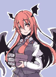 Rule 34 | 1girl, bat wings, black skirt, black vest, black wings, book, closed mouth, collared shirt, grey background, head wings, highres, holding, holding book, koakuma, kuro-ekaki, long hair, long sleeves, looking at viewer, necktie, outline, pointy ears, red eyes, red hair, red necktie, shirt, simple background, skirt, smile, solo, touhou, vest, white outline, white shirt, wings