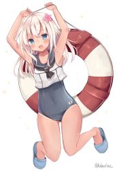 Rule 34 | 10s, 1girl, :d, arms up, bad id, bad pixiv id, blue eyes, blush, collarbone, covered navel, crop top, eyebrows, flower, full body, gluteal fold, hair between eyes, hair flower, hair ornament, highres, holding, jumping, kantai collection, lifebuoy, long hair, looking at viewer, masayo (gin no ame), one-piece tan, open mouth, pink flower, ro-500 (kancolle), sailor collar, school swimsuit, simple background, sleeveless, slippers, smile, solo, string, swim ring, swimsuit, swimsuit under clothes, tan, tanline, twitter username, white background, white hair
