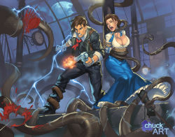 Rule 34 | 1boy, 1girl, arms behind back, bandages, bandaged arm, bioshock (series), bioshock infinite, booker dewitt, boots, bound, breasts, brown hair, chuck pires, cleavage, clock, commentary, cross-laced footwear, crossover, cthulhu mythos, electricity, elizabeth (bioshock infinite), firing, gun, handgun, lace-up boots, large breasts, leg pull, lips, long hair, long skirt, moon, muzzle flash, night, pistol, revolver, rope, screaming, short hair, skirt, tentacles, train station, weapon