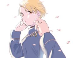 Rule 34 | 1girl, amestris military uniform, backlighting, blonde hair, blurry, blurry foreground, brown eyes, cherry blossoms, depth of field, earrings, expressionless, fingernails, floating, floating hair, flower, fullmetal alchemist, hand on own cheek, hand on own face, jewelry, looking away, looking to the side, military, military uniform, outstretched arms, ozaki (tsukiko3), parted lips, petals, pink flower, pov, pov hands, riza hawkeye, short hair, simple background, solo focus, uniform, very short hair, white background