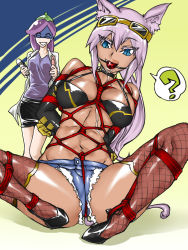 Rule 34 | 2girls, ?, animal ears, arms behind back, artist request, bdsm, blue eyes, bondage, bound, breasts, cat ears, character request, crotch rope, dildo, female focus, frogtie, gagged, high heels, long hair, multiple girls, purple hair, rope, sex toy, shibari, sitting, source request, spoken question mark, spread legs, standing, sunglasses, sunglasses on head, thighhighs, walking, yuri