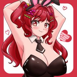 Rule 34 | absurdres, animal ears, armpits, arms behind head, arms up, bare arms, breasts, cleavage, hair ornament, hairclip, highres, large breasts, leotard, lgraxile, long hair, myholo tv, playboy bunny, rabbit ears, red eyes, red hair, two side up, virtual youtuber, woozie wannai