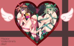 Rule 34 | 2girls, ass, barefoot, bow, box, breasts, brown hair, chromatic aberration, flat chest, gift, gift box, green eyes, green hair, green nails, green ribbon, hat, heart, heart-shaped box, highres, holding, holding gift, large breasts, looking at viewer, mouth hold, muchin jousha, multiple girls, nail polish, naked ribbon, nishida satono, nude, one eye closed, purple eyes, purple nails, purple ribbon, ribbon, ribbon in mouth, teireida mai, toenail polish, toenails, toes, touhou, valentine