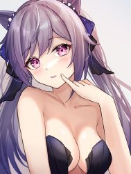 Rule 34 | 1girl, absurdres, atychi, bare shoulders, black ribbon, blush, breasts, cleavage, commentary request, cone hair bun, genshin impact, grey background, hair bun, hair ribbon, hand up, head tilt, highres, keqing (genshin impact), long hair, medium breasts, parted lips, pink eyes, purple hair, ribbon, simple background, solo, twintails, upper body