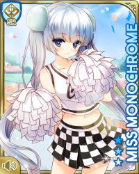 Rule 34 | 1girl, blue eyes, blunt bangs, card, character name, checker pattern, cheerleader, closed mouth, day, girlfriend (kari), miss monochrome, miss monochrome (character), official art, outdoors, pom pom (cheerleading), qp:flapper, school uniform, shirt, skirt, solo, sunlight, tagme, thighhighs, twintails, white footwear, white hair, white shirt