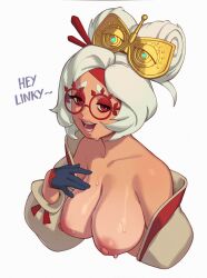 Rule 34 | 1girl, absurdres, blush, breasts, breasts out, cleavage, english text, eyeshadow, eyewear on head, glasses, hair bun, hair ornament, hair stick, highres, jacket, large breasts, looking at viewer, makeup, naked jacket, nintendo, nipples, open mouth, purah, red-framed eyewear, red eyes, red eyeshadow, riz, round eyewear, sheikah, smile, solo, the legend of zelda, the legend of zelda: tears of the kingdom, white hair