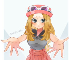 Rule 34 | 1girl, black shirt, blonde hair, blush, breasts, collarbone, commentary, creatures (company), eyelashes, eyewear on headwear, game freak, glasses, grey eyes, hat, long hair, looking to the side, medium breasts, nintendo, outstretched arms, parted lips, pink hat, pokemon, pokemon xy, rain (tonight 862), red skirt, serena (pokemon), shirt, simple background, skirt, sleeveless, sleeveless shirt, solo, sunglasses, twitter username, white-framed eyewear
