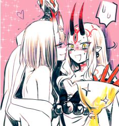 Rule 34 | 2girls, arm up, chalice, clothes down, colored skin, cup, earrings, facial mark, fang, fang out, fate/grand order, fate (series), heart, hizuki aya, holding hands, holy grail, horns, ibaraki douji (fate), japanese clothes, jewelry, kimono, long hair, looking at another, lowres, multiple girls, oni, open mouth, pointy ears, reaching, red skin, short hair, shuten douji (fate), skin-covered horns, sparkle, spoken sweatdrop, spot color, sweatdrop, tattoo, tears, upper body, yellow eyes, yuri
