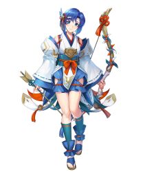 Rule 34 | 1girl, arrow (projectile), bare shoulders, blue eyes, blue hair, blush, bow, bow (weapon), bowtie, catria (fire emblem), chachie, circle, closed mouth, detached sleeves, female focus, fire emblem, fire emblem: mystery of the emblem, fire emblem heroes, full body, hair ornament, head tilt, highres, holding, holding arrow, holding bow (weapon), holding weapon, japanese clothes, looking at viewer, matching hair/eyes, nintendo, non-web source, obi, official art, sandals, sash, short hair, sleeves past wrists, smile, solo, standing, toeless footwear, toeless legwear, toes, transparent background, weapon, wide sleeves