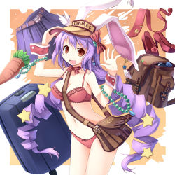 Rule 34 | 1girl, alternate hairstyle, animal ears, bag, bare shoulders, bikini, bra, bracelet, breasts, carrot, cleavage, cowboy shot, drill hair, female focus, hat, high heels, highres, hoshi no gen, jewelry, lingerie, long hair, navel, necktie, no nose, panties, pantyshot, purple hair, rabbit ears, red bra, red eyes, red panties, reisen udongein inaba, satchel, shoes, simple background, skirt, small breasts, solo, suitcase, swimsuit, touhou, twin drills, twintails, underwear, underwear only, upskirt, very long hair, visor cap, wrist cuffs