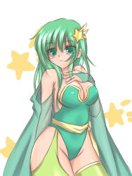 Rule 34 | 1990s (style), 1girl, blush, breasts, bridal gauntlets, cape, cleavage, detached sleeves, elbow gloves, female focus, final fantasy, final fantasy iv, gloves, green eyes, green hair, hair ornament, large breasts, leotard, matching hair/eyes, retro artstyle, rydia (ff4), shooting star hair ornament, solo, star (symbol), star hair ornament, thighhighs