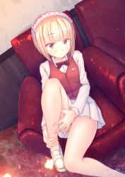 Rule 34 | 10s, 1girl, armchair, artist name, blonde hair, blunt bangs, brown eyes, brown vest, chair, closed mouth, cutlass (girls und panzer), dress shirt, dutch angle, girls und panzer, handkerchief, highres, hugging own legs, indoors, leaning to the side, light frown, loafers, looking at viewer, maid headdress, miniskirt, no legwear, pleated skirt, shibugaki, shirt, shoes, short hair, signature, sitting, skirt, solo, vest, white footwear, white shirt, white skirt, wing collar