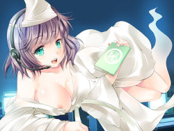 Rule 34 | 1girl, :d, book, breasts, brown hair, cleavage, commentary request, copyright request, floating, ghost tail, green eyes, headset, japanese clothes, kimono, large breasts, looking at viewer, maki (seventh heaven maxion), medium hair, nipple slip, nipples, open mouth, original, shiroshouzoku, smile, solo, teeth, triangular headpiece, upper teeth only