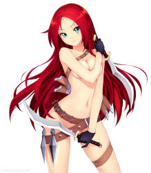 Rule 34 | 1girl, atomix, belt, belt skirt, breasts, cleavage, covering privates, covering breasts, dual wielding, green eyes, holding, image sample, katarina (league of legends), league of legends, long hair, medium breasts, naked belt, nude, red hair, reverse grip, scabbard, scar, sheath, simple background, solo, sword, very long hair, watermark, weapon, web address, white background