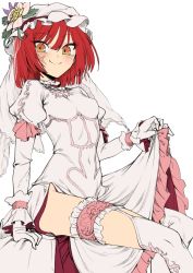 Rule 34 | 1girl, blush, breasts, bridal garter, covered navel, dress, facial scar, geppewi, gloves, hat, looking at viewer, megido72, mob cap, orange eyes, red hair, scar, scar on cheek, scar on face, short hair, sitting, solo, thighhighs, transparent background, veil, white gloves, white thighhighs, zepar (megido72)