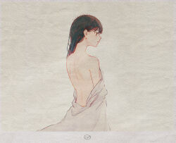 Rule 34 | 1girl, bare back, bare shoulders, black hair, original, perfectsunday, solo, traditional media