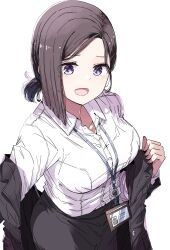Rule 34 | 1girl, black jacket, black skirt, blue eyes, breasts, brown hair, collarbone, collared shirt, commentary request, highres, jacket, lanyard, large breasts, looking at viewer, mole, mole under eye, nyoijizai, office lady, open mouth, original, removing jacket, shirt, short hair, simple background, skirt, smile, solo, white background, white shirt